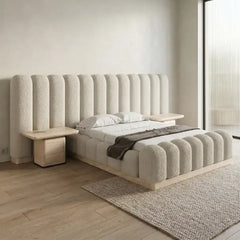 boucle bed showing the lift-up storage area with soft textured fabric