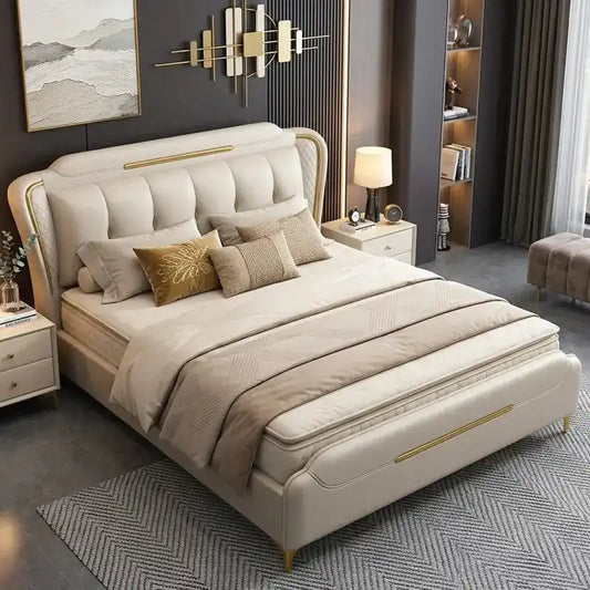 tufted bed showing the lift-up storage area with stitched padded headboard