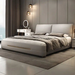 hydraulic bed with storage showing the lift-up storage area with thick padded headboard