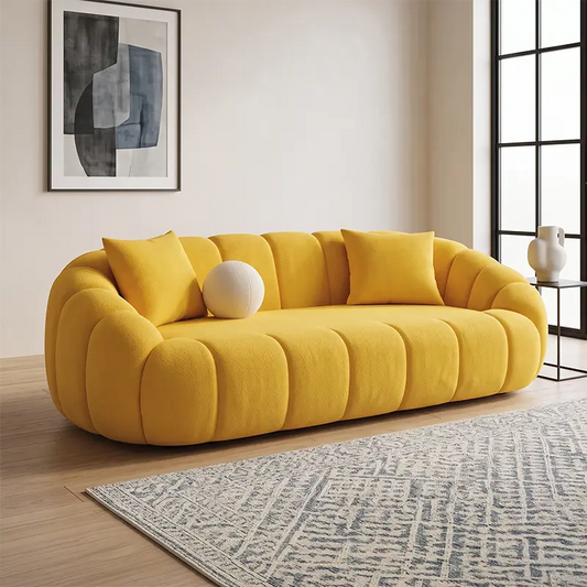 Bright sculptural curved sofa, fabric sofa, premium sofa, 3 seater textured fabric mustard yellow