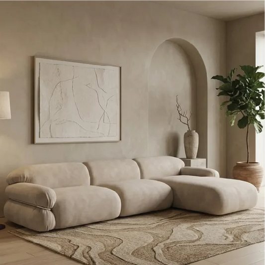 Corner sofa set with deep cushions and oversized back support, front three-quarter view