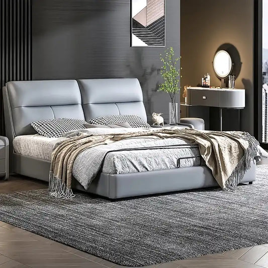 hydraulic storage bed front angle showing the padded headboard with cushioned headboard