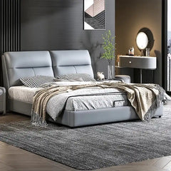 hydraulic storage bed front angle showing the padded headboard with cushioned headboard