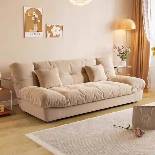 click clack sofa bed shown in the pull-out sleeping position with fold-down padded backrest