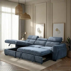 sofa bed with storage shown in the pull-out sleeping position with concealed storage
