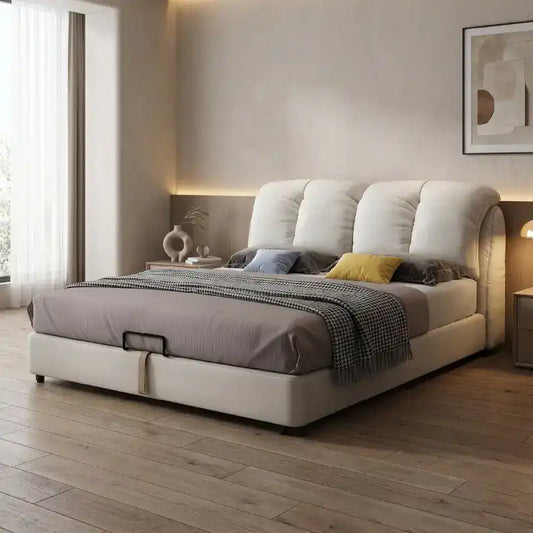 king size hydraulic bed showing the lift-up storage area with oversized padded headboard