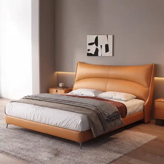 modern luxury bed showing the lift-up storage area with wide padded headboard