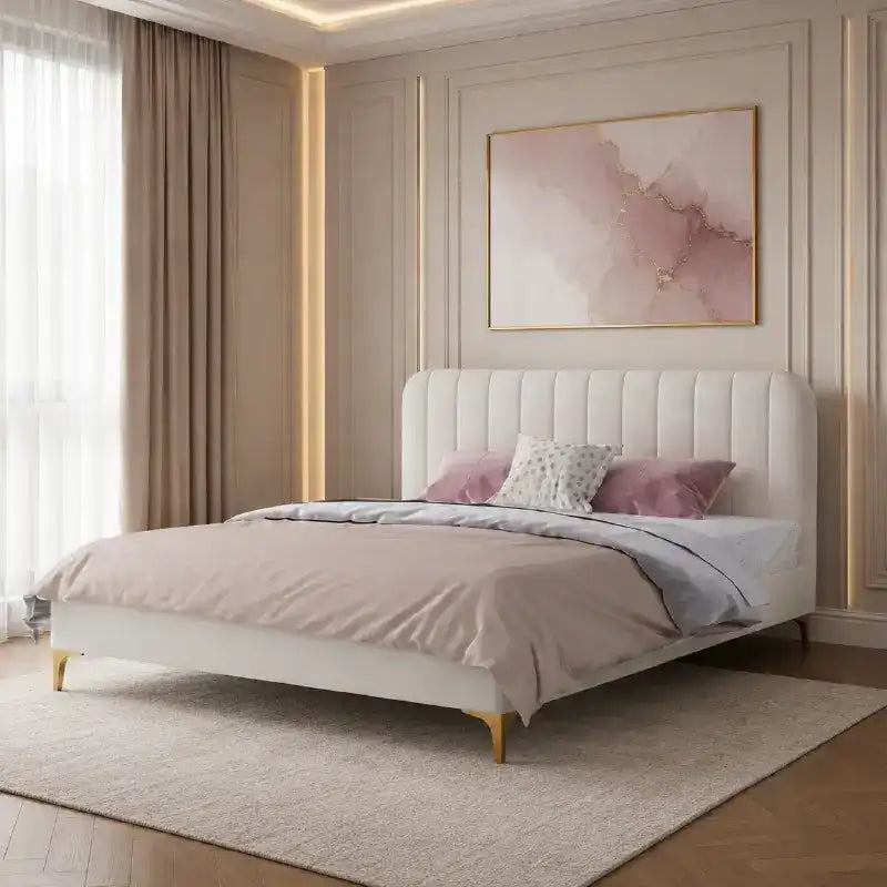 low profile platform bed front angle showing the padded headboard with rounded padded edges