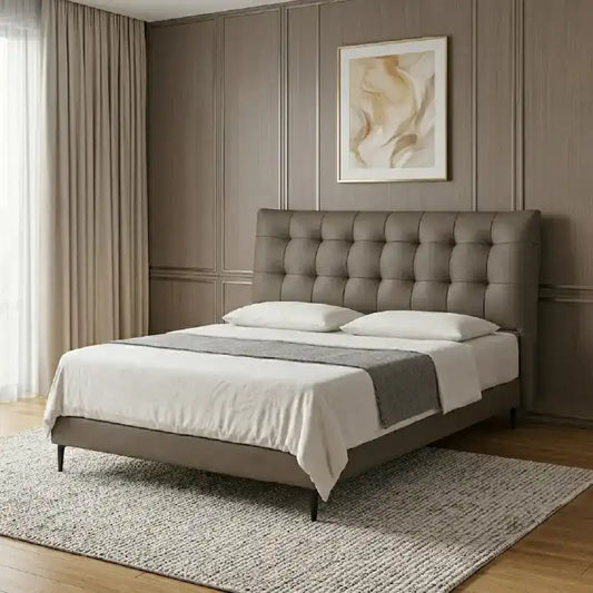 leatherette bed front angle showing the padded headboard with button-padded headboard