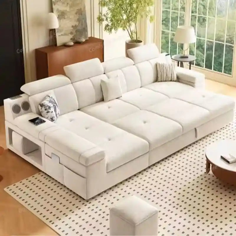 sleeper sofa set shown in the pull-out sleeping position with side storage console