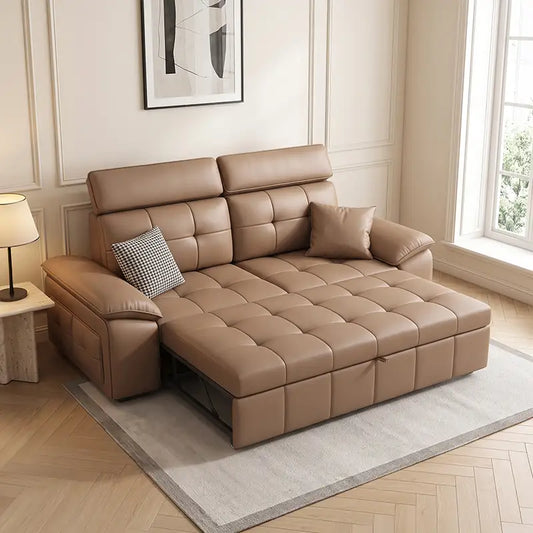 sofa bed combo shown in the pull-out sleeping position with side shelf