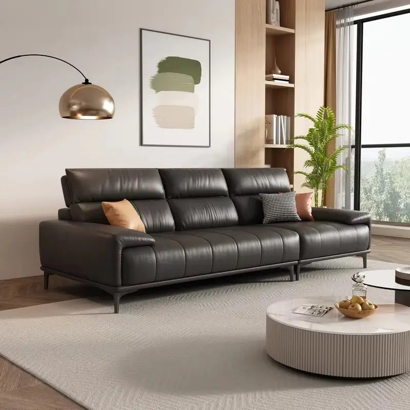 L shape sofa set with deep cushions and segmented back support, front three-quarter view