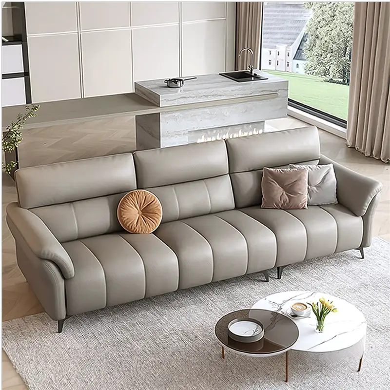 Beige vertical stitched 3 seater sofa, 3 seater sofa premium sofa pure leather finish
