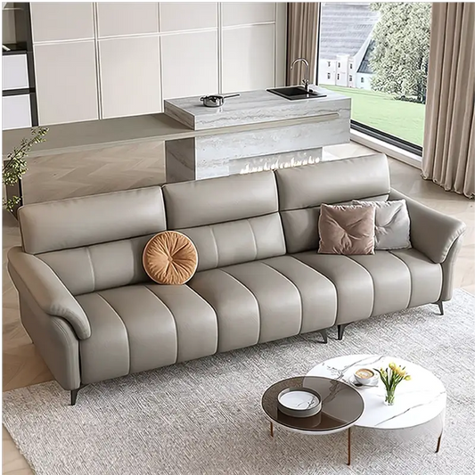 Beige vertical stitched 3 seater sofa, 3 seater sofa premium sofa pure leather finish