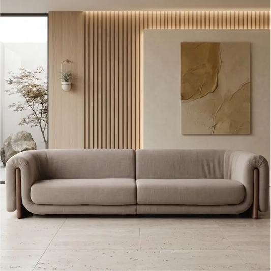3 seater sofa set with beige taupe textured fabric upholstery, three-quarter view