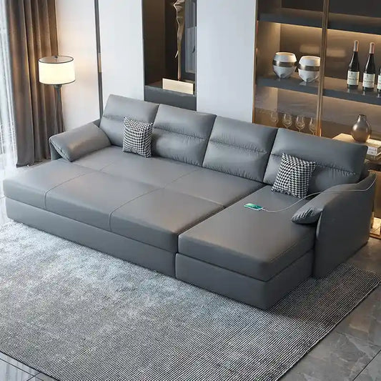 corner sofa bed opened as a guest sleeping surface with hidden storage