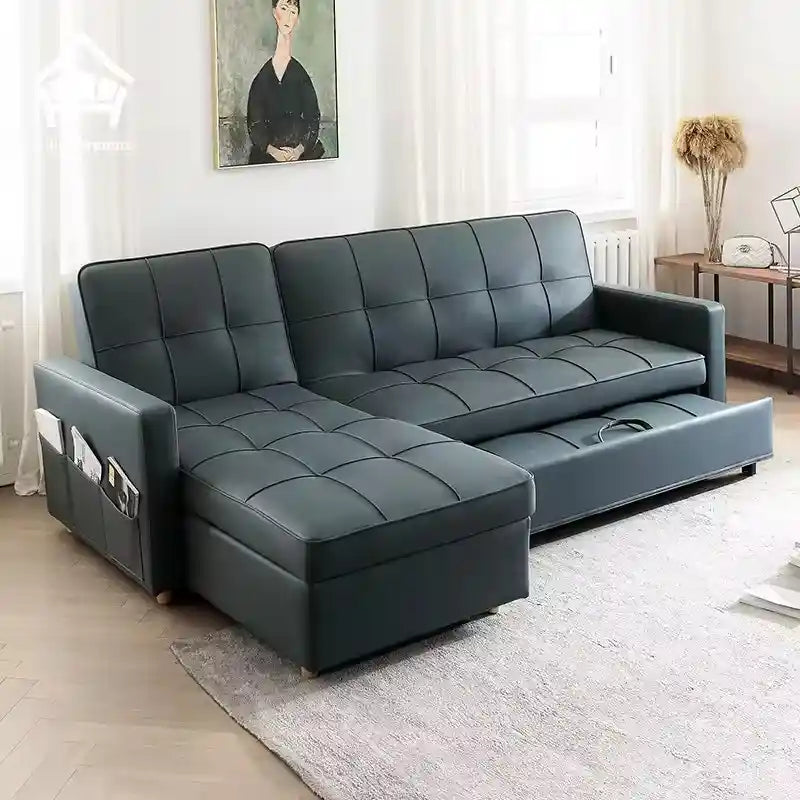 pull out sofa bed sectional opened as a guest sleeping surface with side pockets
