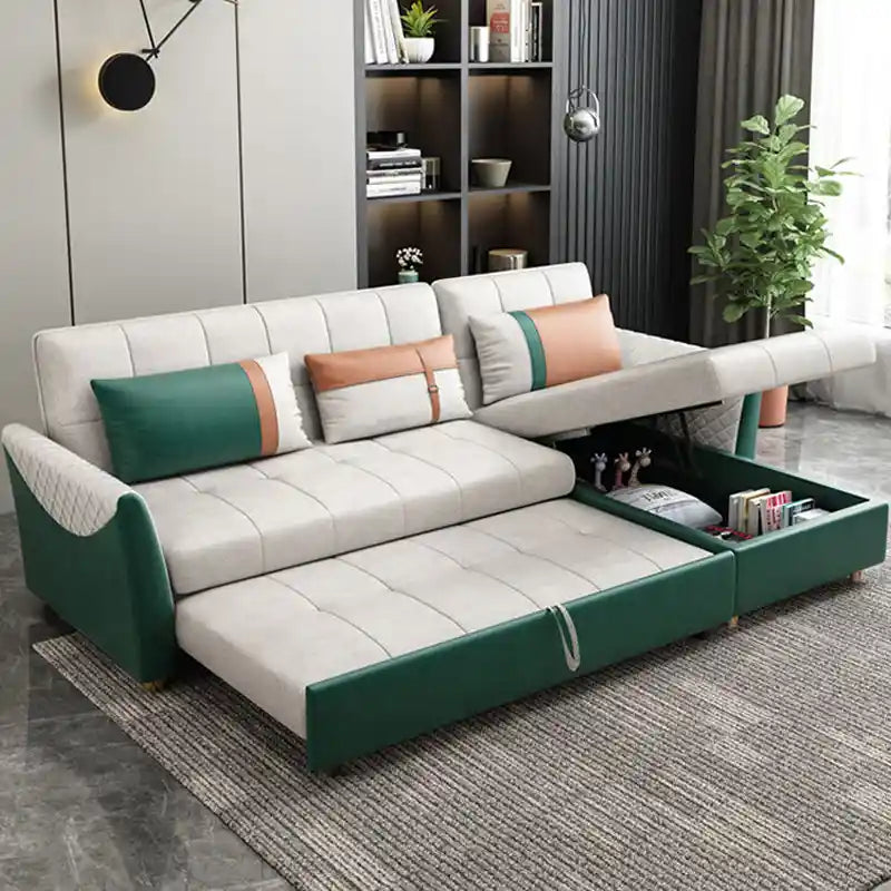 sofa bed with chaise opened as a guest sleeping surface with lift-up storage