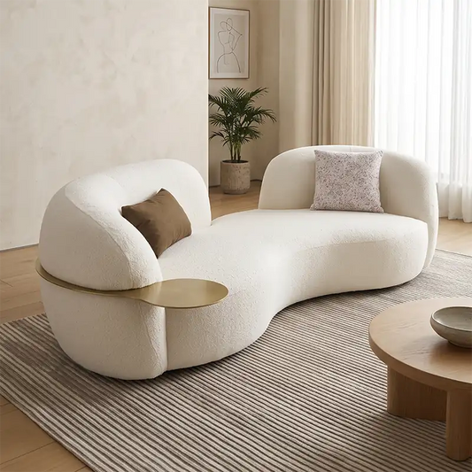 luxury sofa with curved wave layout and off-white boucle upholstery, front perspective