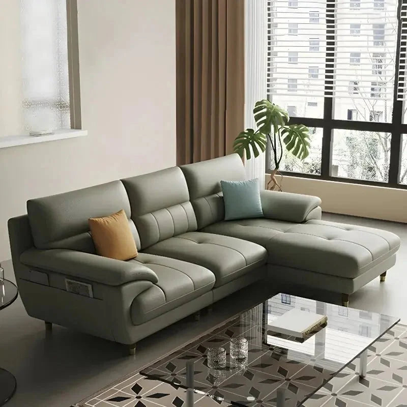l shape sofa set with spacious spacious lounger and high backrest, front perspective