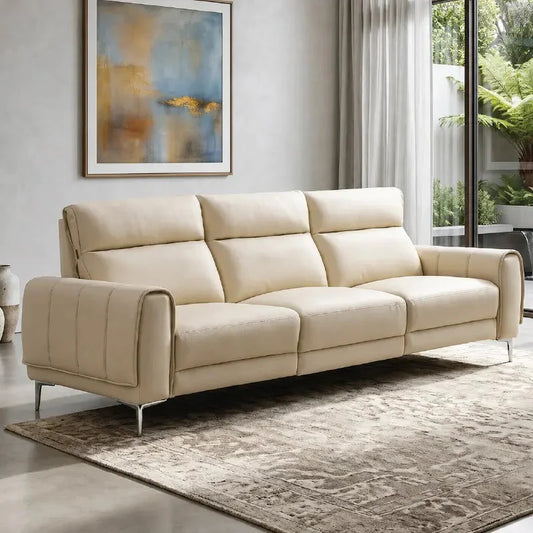 recliner sofa with leatherette upholstery and supportive high backrest, front perspective