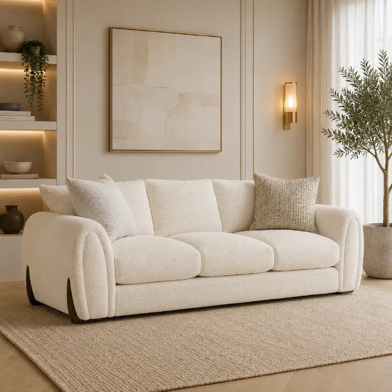 Corner sofa with curved arms and wooden accent details, front three-quarter view