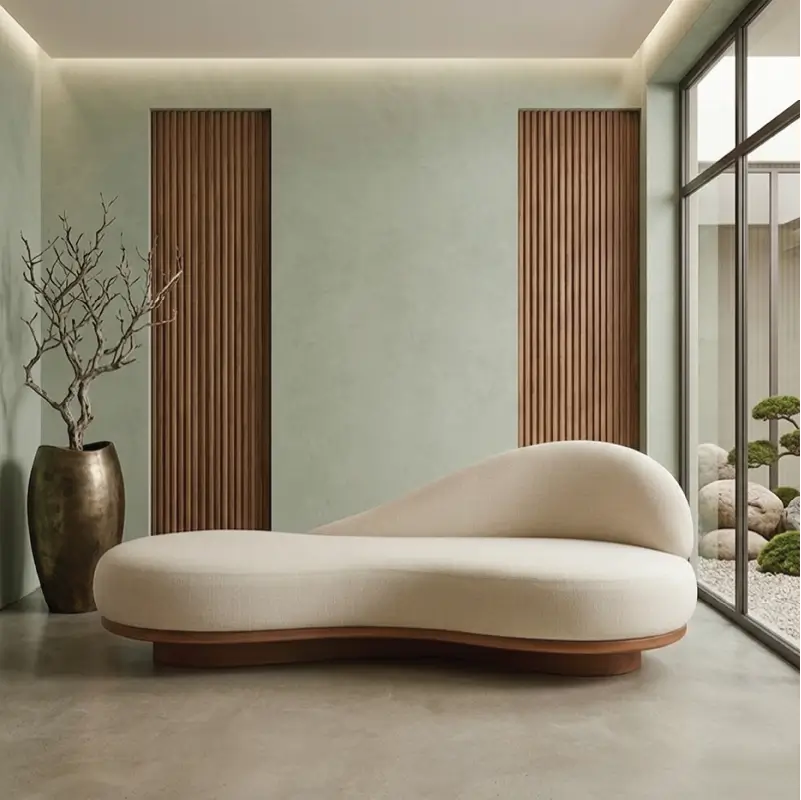 Curved sofa with curved wooden base and asymmetrical backrest, straight front view
