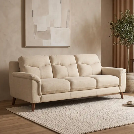 fabric sofa set with beige woven fabric upholstery and plush seating, front perspective