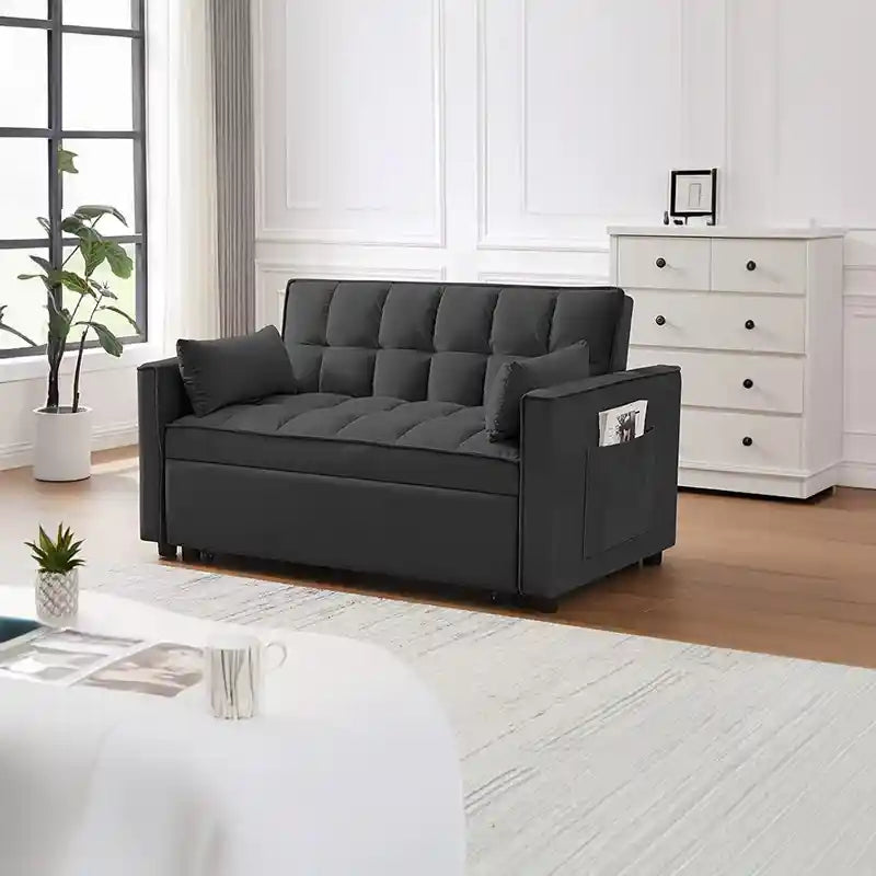 sofa bed front view with cushioned seating with easy pull-out function