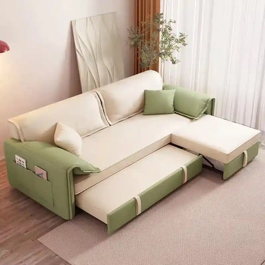 convertible couch bed front view with cushioned seating with side pockets