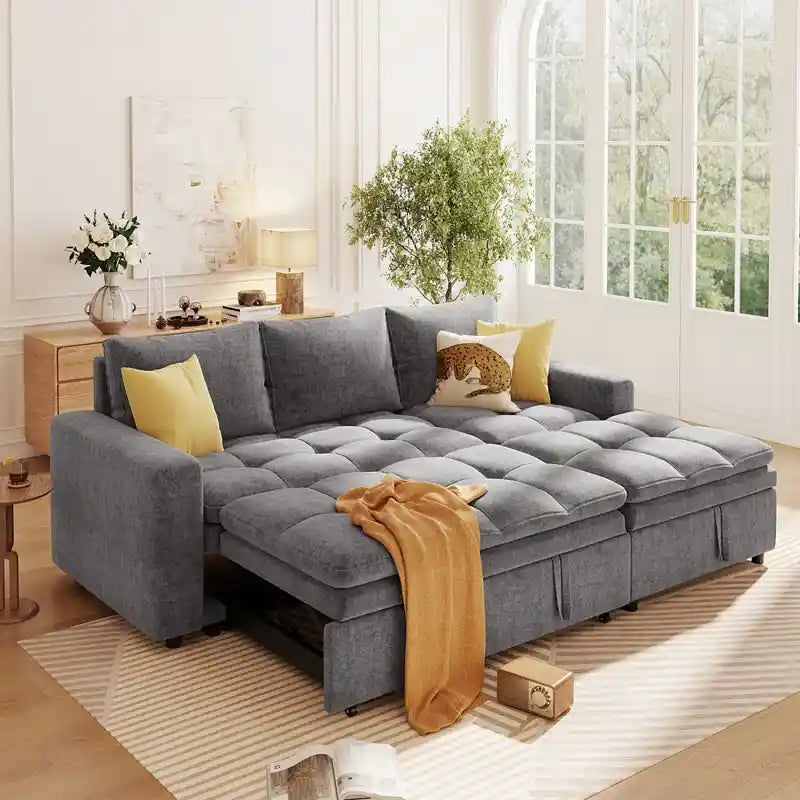 grey sofa bed with storage front view with cushioned seating with storage lounger