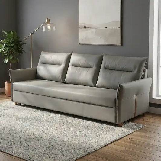 compact sofa bed front view with cushioned seating with high back support