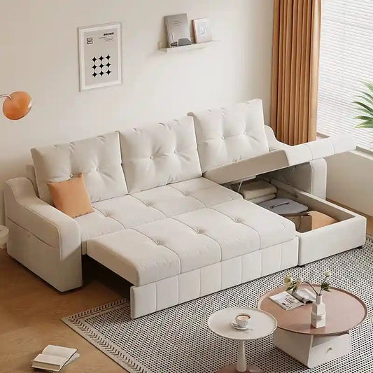 3 seater sofa bed with storage front view with cushioned seating with under-seat storage