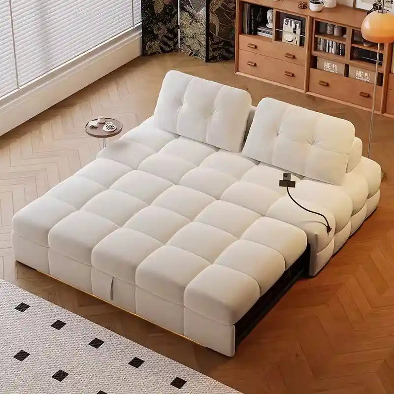 sofa bed two in one front view with cushioned seating with charging holder
