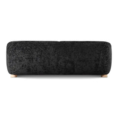 Boucle sofa with thick rounded arms and natural wooden legs, front corner perspective