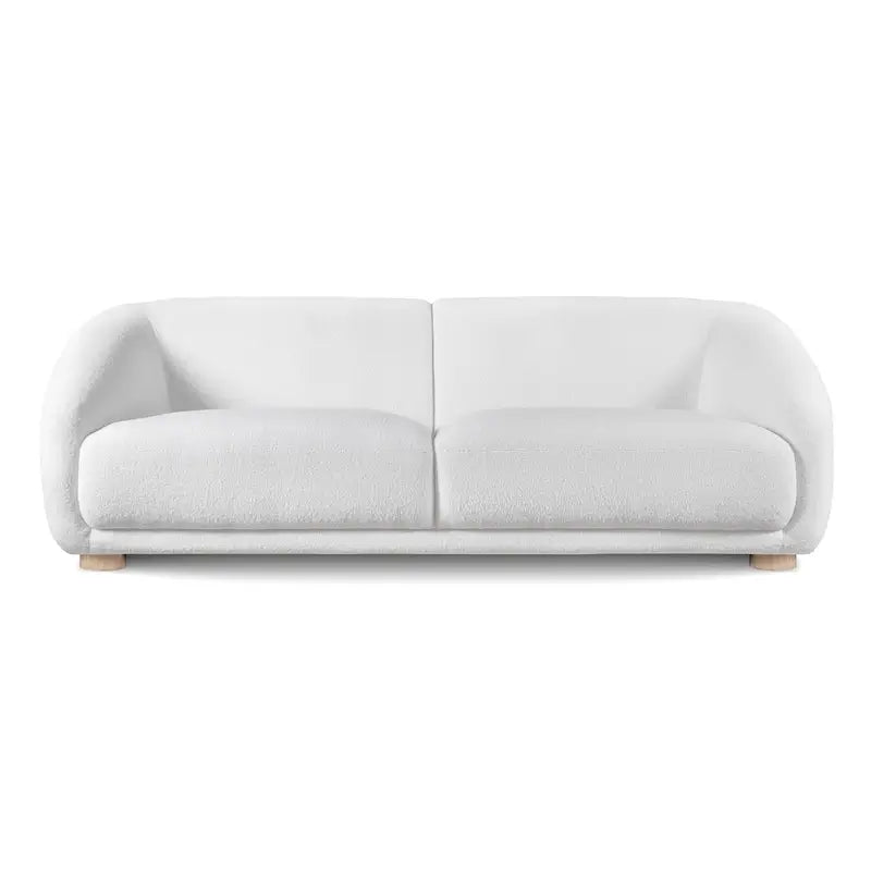 Boucle sofa with thick rounded arms and natural wooden legs, curved profile detail