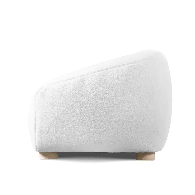 Boucle sofa with thick rounded arms and natural wooden legs, front three-quarter view