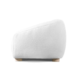 Boucle sofa with thick rounded arms and natural wooden legs, front three-quarter view