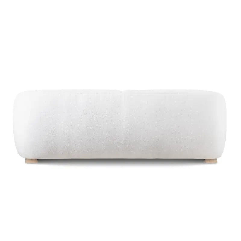 Fabric sofa with thick rounded arms and natural wooden legs, straight front view
