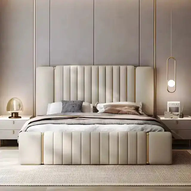 double bed cot shown in a spacious bed layout with tall padded headboard