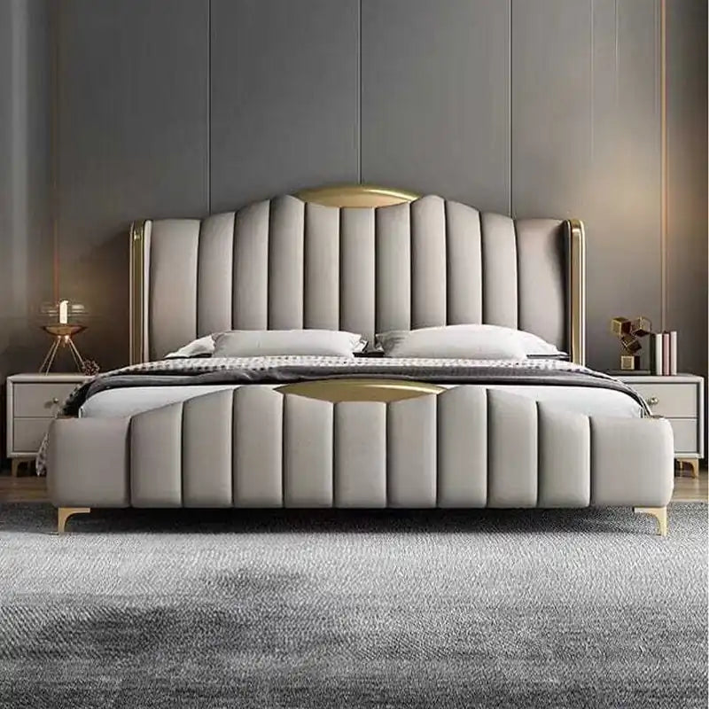luxury bed shown in a spacious bed layout with wide side-panel headboard