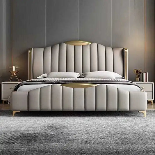 luxury bed shown in a spacious bed layout with wide side-panel headboard