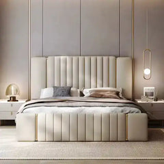 double bed cot shown in a spacious bed layout with tall padded headboard