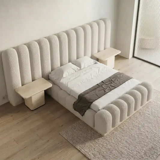 luxury bed shown in a spacious bed layout with soft textured fabric