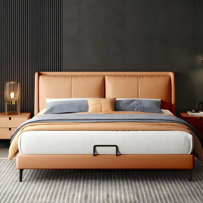 wingback bed shown in a spacious bed layout with wide padded headboard