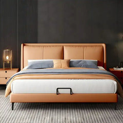wingback bed shown in a spacious bed layout with wide padded headboard