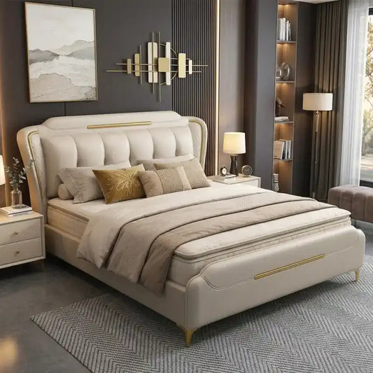 upholstered bed shown in a spacious bed layout with stitched padded headboard