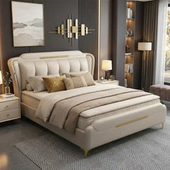 upholstered bed shown in a spacious bed layout with stitched padded headboard