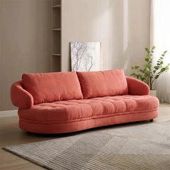 Coral velvet sofa, contemporary sofa design with rounded arms and black legs