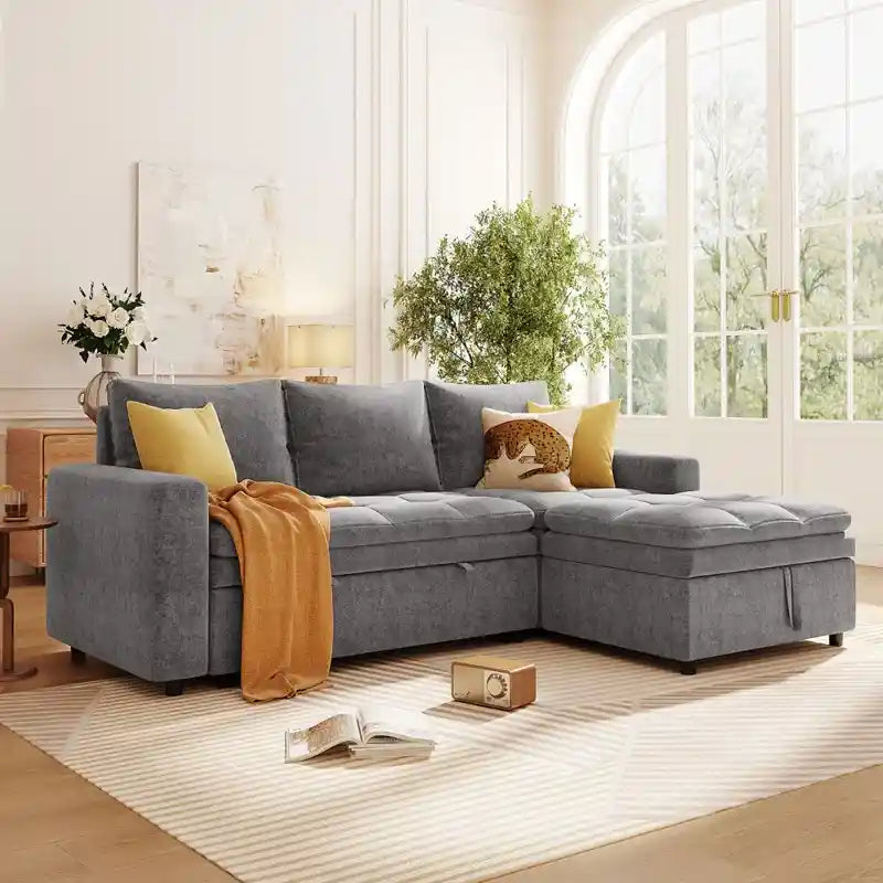 sofa bed with storage side angle showing the seating profile with storage lounger